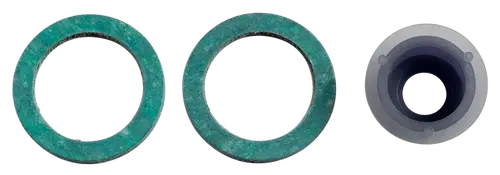 Drei Dichtungsringe in grün und ein Dichtungsstopfen in transparentem Material, hergestellt von Wolf. Die Ringe haben einen äußeren und inneren Durchmesser.